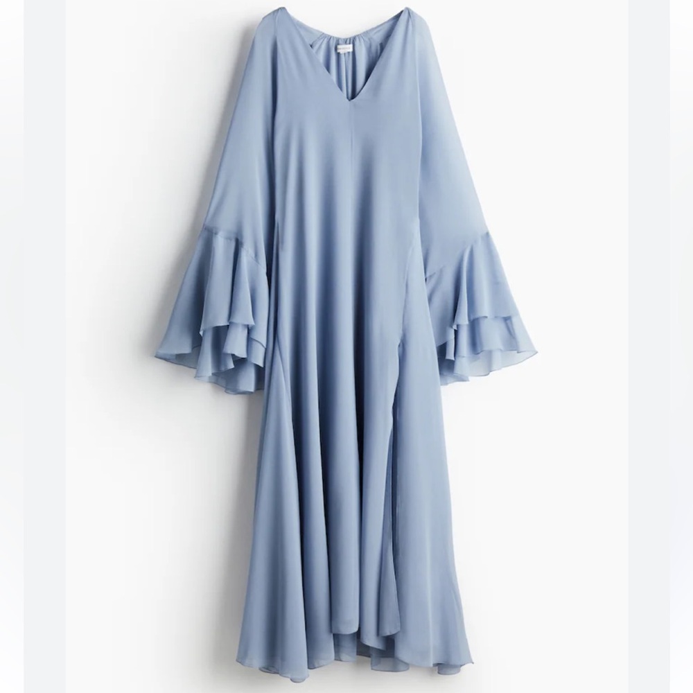 H&M Edition Elegant Blue Ruffle Sleeve Dress with slit detail NWT